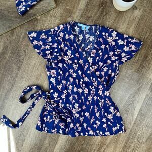 Draper James Blue Floral Linen True Wrap Top Size 10